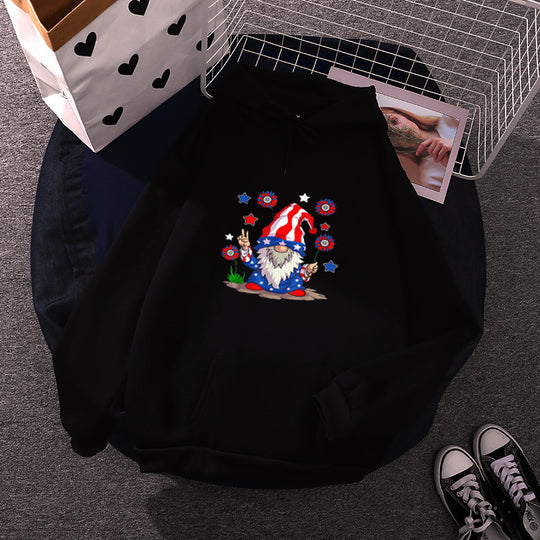 Damen nan Kapuzenpullover mit patriotischem Gartenzwerg-Print, angerautem Fleece-Innenfutter, Oversize-Schnitt und Kängurutasche EB