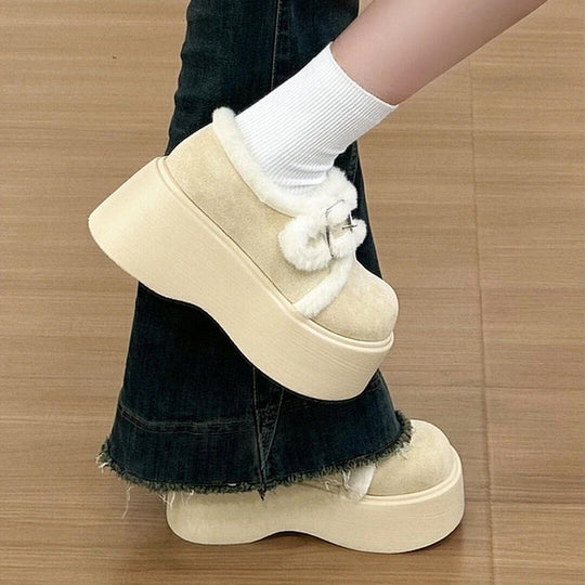 Damen Plattform-Schuhe mit kuscheligem Innenfutter und modischem Schnallen-Design EB