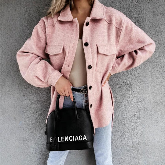 Damen modische Oversized-Jacke mit Gürtel und dekorativen Taschen EB