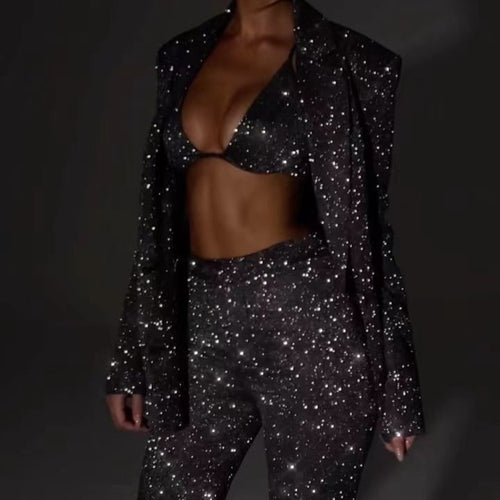 Damen Glitzerndes Anzugset mit Crop-Top und Flared Pants EB