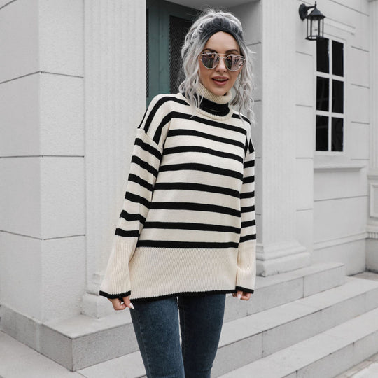 Damen Strickpullover mit hohen Bündchen und lässigem Streifenmuster EB