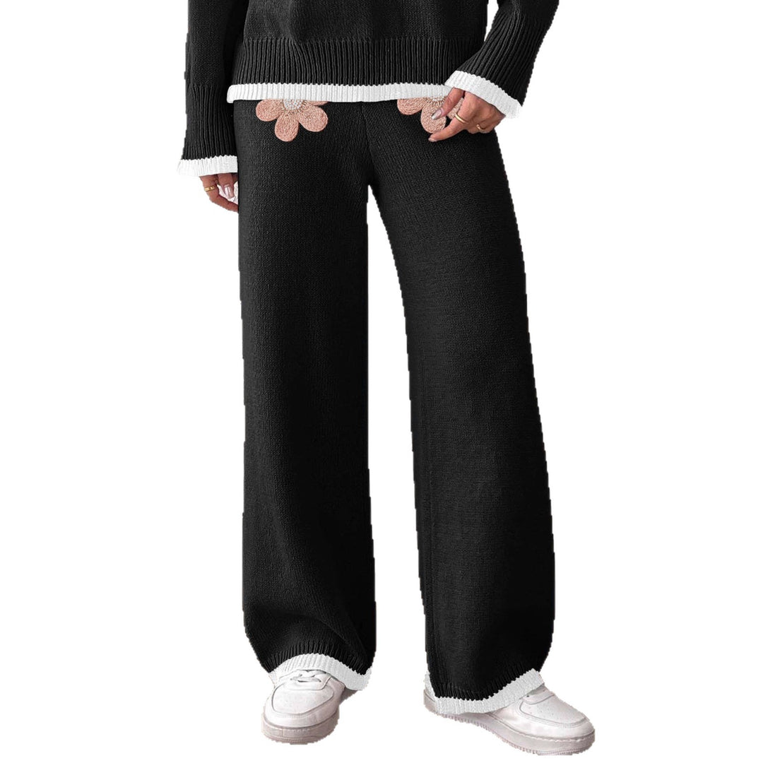 Damen bequeme Strickhose mit floralem Applikationsdesign EB