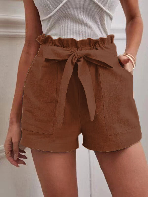 Damen kurze Lockere Leinenhose mit Bindegürtel EB