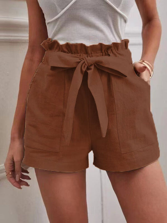 Damen kurze Lockere Leinenhose mit Bindegürtel EB
