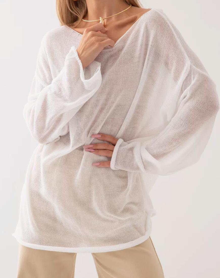 Damen luftiger Oversize-Strickpullover mit weitem Schnitt und transparentem Gewebe EB