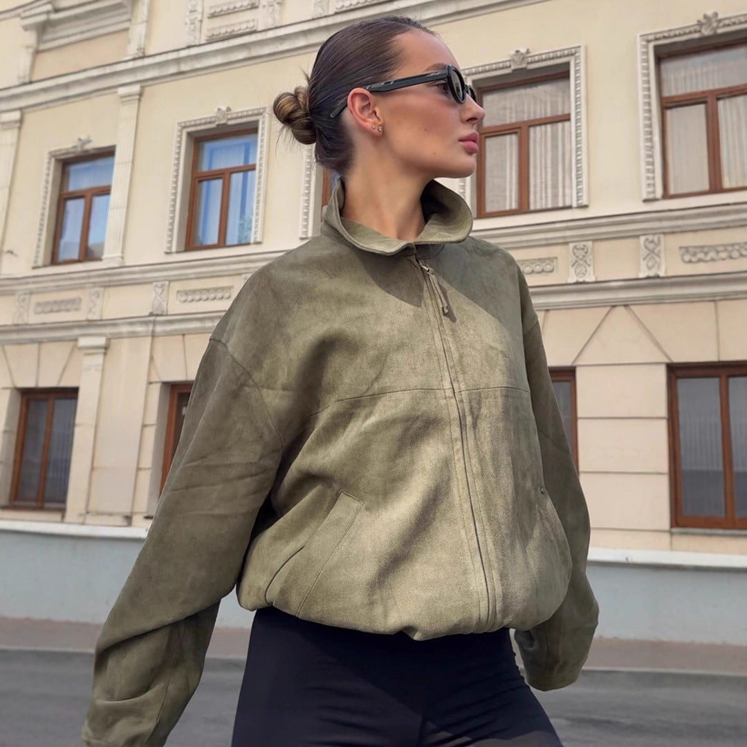 Damen Oversized Suede Jacke mit hohem Kragen und praktischen Taschen EB