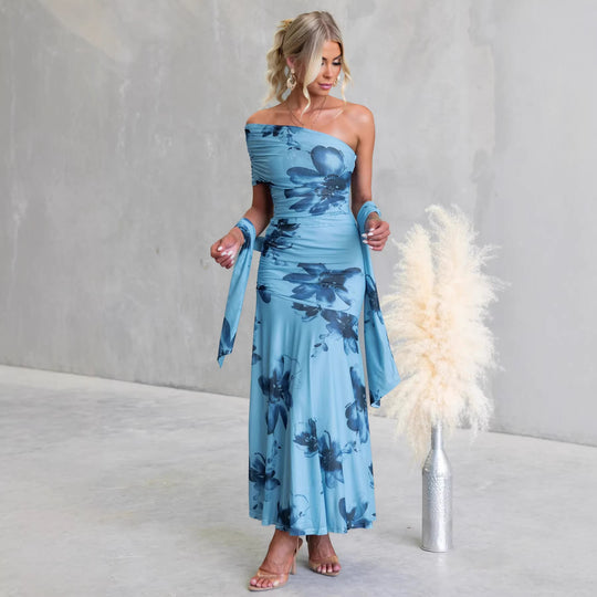 Damen Off-Shoulder Maxikleid mit floralen Akzenten und gerafftem Design EB