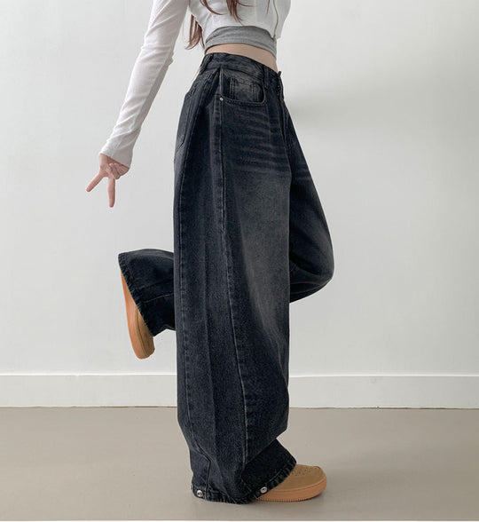 Damen Weite High-Waist Denim-Hose mit Faltenwurf EB