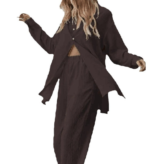 Damen Satin Pyjama Set mit langärmliger Bluse und weiten Hosen EB