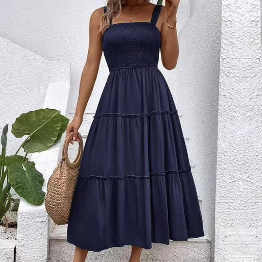Damen Maxikleid mit elastischem Bustier und fließendem Rock EB