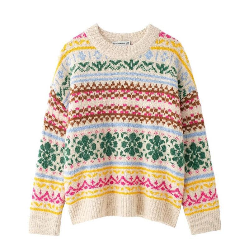 Damen Strickpullover mit floralem Mustermix und lässigem Schnitt EB