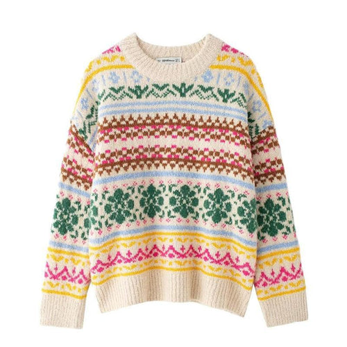 Damen Strickpullover mit floralem Mustermix und lässigem Schnitt EB