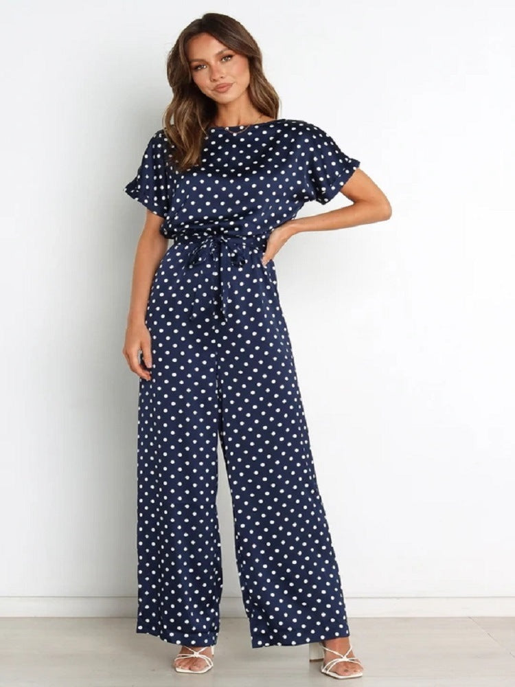 Damen Satin Jumpsuit mit weitem Bein und Taillengürtel EB
