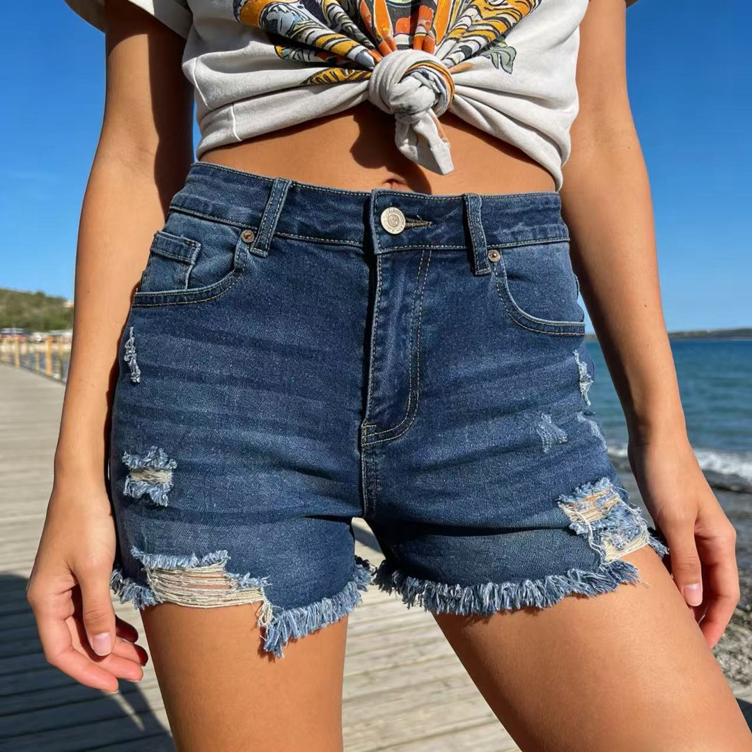 Damen Destroyed Denim-Shorts mit fransigem Saum und stylischen Rissdetails EB
