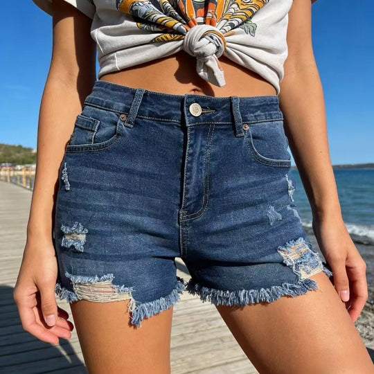 Damen Destroyed Denim-Shorts mit fransigem Saum und stylischen Rissdetails EB