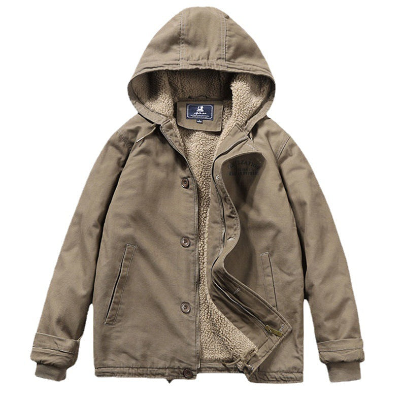 Herren Kapuzenjacke im Vintage-Worker-Stil mit Sherpa‑Futter EB