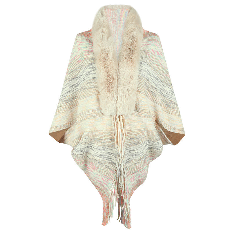 Damen eleganter Poncho mit luxuriösem Kunstfellkragen und fransigem Saum EB