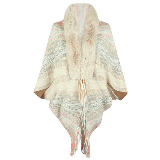 Damen eleganter Poncho mit luxuriösem Kunstfellkragen und fransigem Saum EB