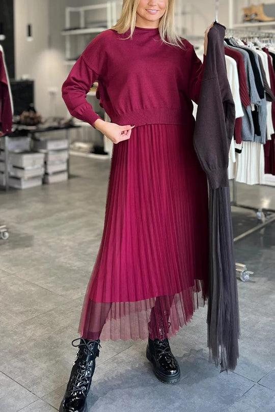 Damen Elegantes Faltenrock- und Pullover Set EB
