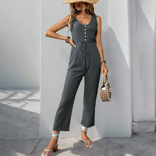 Damen eleganter Jumpsuit mit Knopfleiste und taillierbarem Gürtel EB