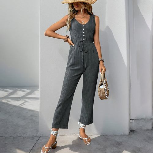 Damen eleganter Jumpsuit mit Knopfleiste und taillierbarem Gürtel EB