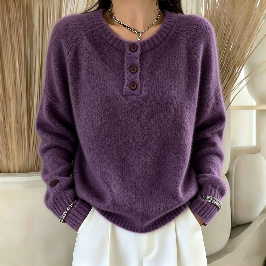 Damen Kuscheliger Rundhals-Henley-Pullover mit Knopfleiste und Raglanärmeln EB