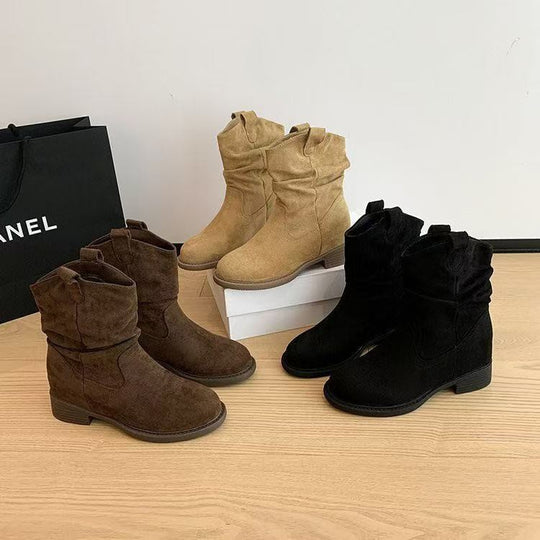 Damen Modische Stiefeletten mit lässigem Falten-Design und bequemem Blockabsatz EB