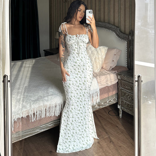 Damen Maxikleid mit zarten Blumenmustern und verstellbaren Spaghettiträgern EB