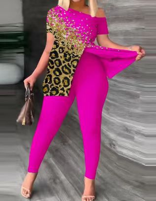 Damen Einseitig schulterfreier Jumpsuit mit animalischem Druck und Glitzerakzenten EB