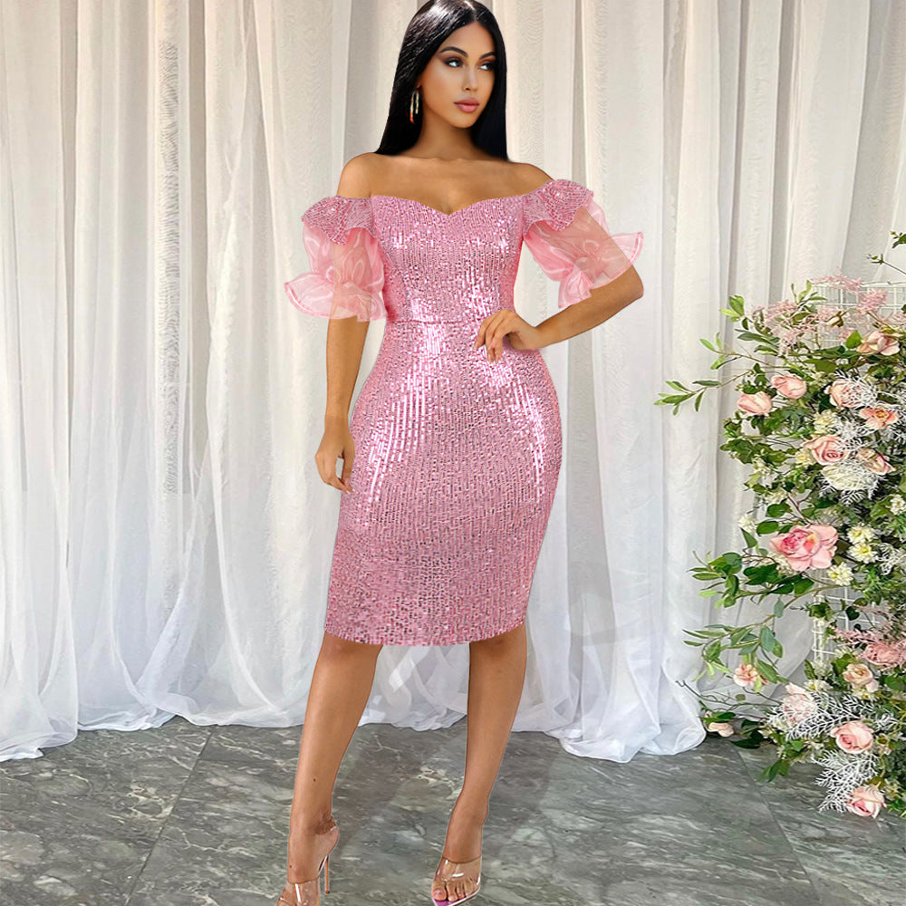 Damen Glitzerndes Cocktailkleid mit schulterfreiem Design und voluminösen Puffärmeln EB