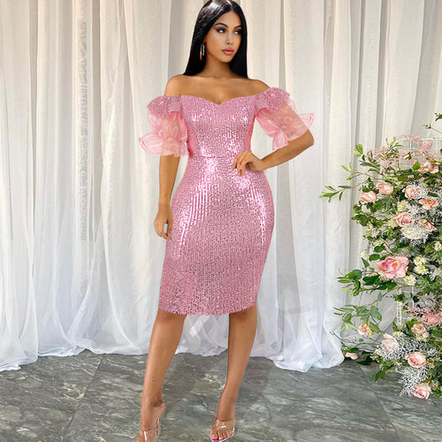 Damen Glitzerndes Cocktailkleid mit schulterfreiem Design und voluminösen Puffärmeln EB