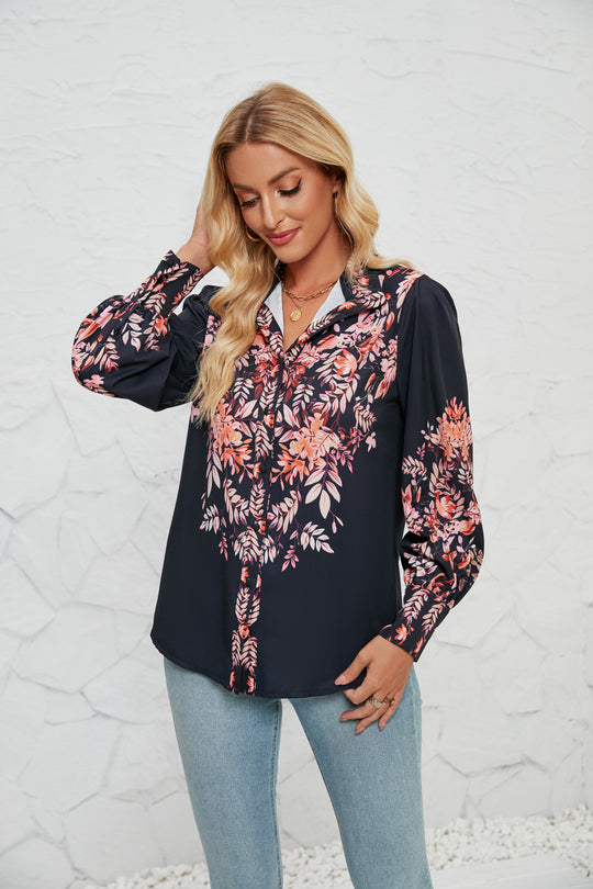 Damen Bluse mit floralen Akzenten und elegantem Knopfleisten-Design EB