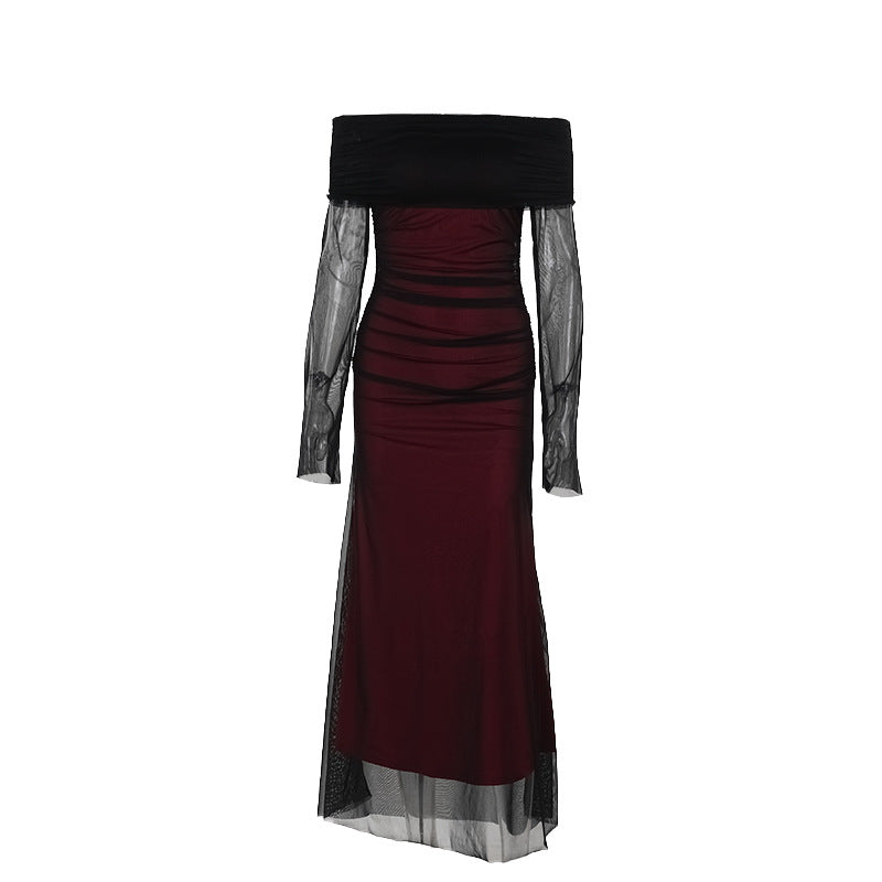 Damen figurbetontes Maxikleid mit schulterfreiem Design und Rüschendetails EB