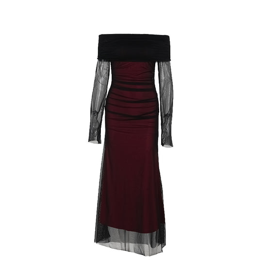 Damen figurbetontes Maxikleid mit schulterfreiem Design und Rüschendetails EB
