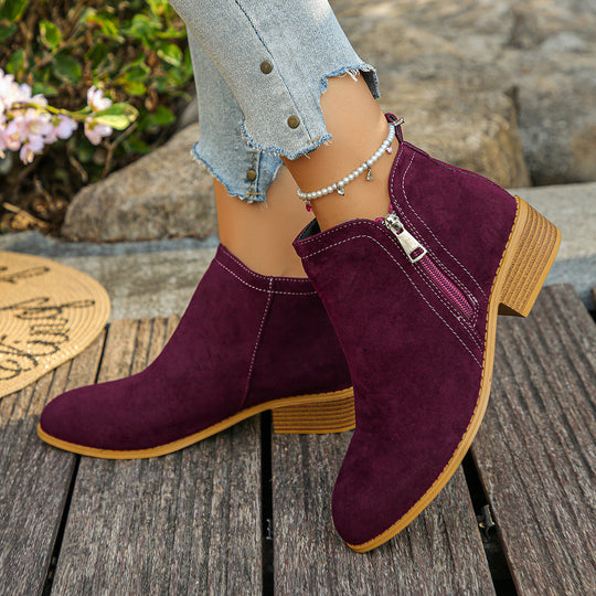 Damen elegante Ankle-Boots aus Velourslederimitat mit seitlichem Reißverschluss und niedrigem Blockabsatz EB