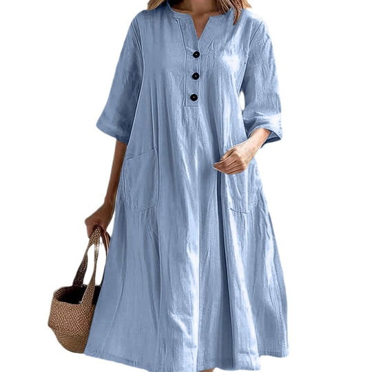 Damen nan locker fallendes A-Linien Kleid mit V-Ausschnitt-Knopfleiste, 3/4-Ärmeln und aufgesetzten Eingrifftaschen EB