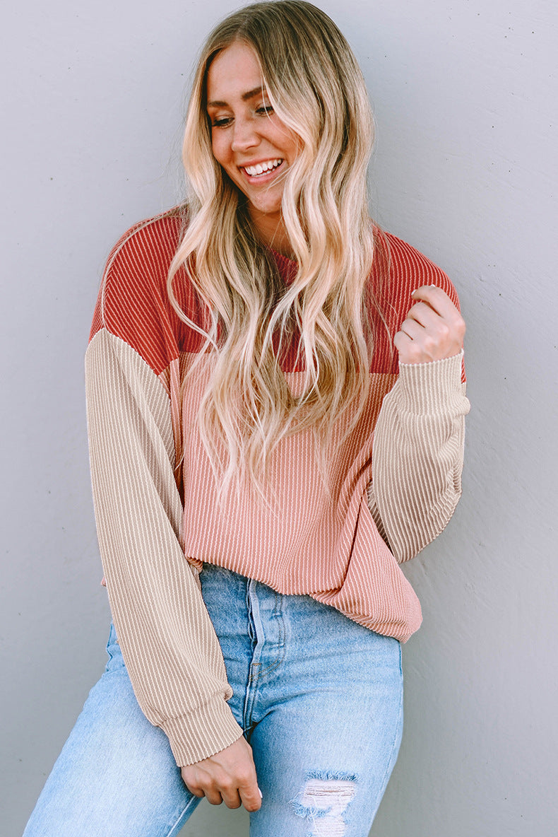 Damen lässiger Pullover mit Rippstruktur und Farbblöcken EB