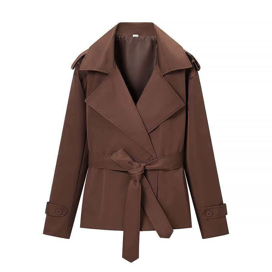 Damen nan kurzer taillierter Trenchcoat mit Bindegürtel, großem Revers und Manschettenriegel EB