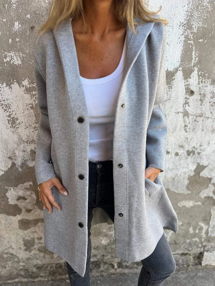 Damen nan Kapuzenmantel mittellanger Baumwollmix mit Druckknopfleiste und Eingrifftaschen EB