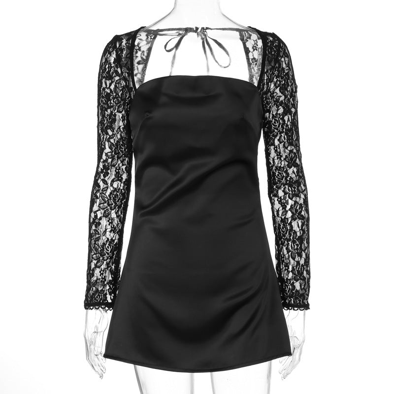 Damen elegantes Kleid mit luxuriösen Spitzenärmel und schickem Rückenverschluss EB