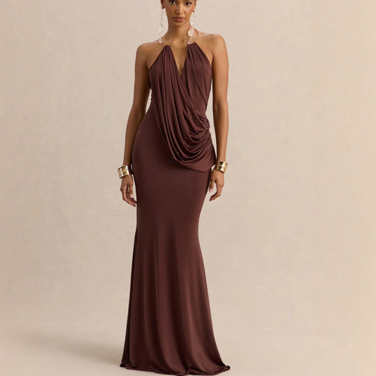 Damen Raffiniertes Maxikleid mit tiefem V-Ausschnitt und Drapierung EB