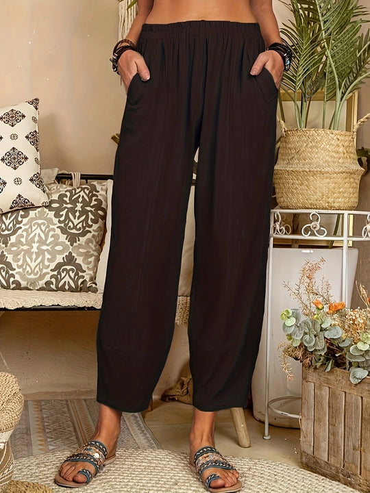 Damen weite Palazzo-Hosen mit elastischem Bund und seitlichen Taschen EB