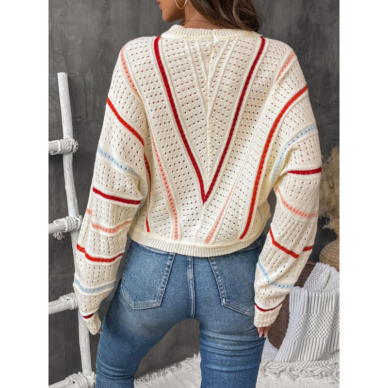 Damen Strickpullover mit großzügiger Lochmusterstruktur und farbigen Akzenten EB