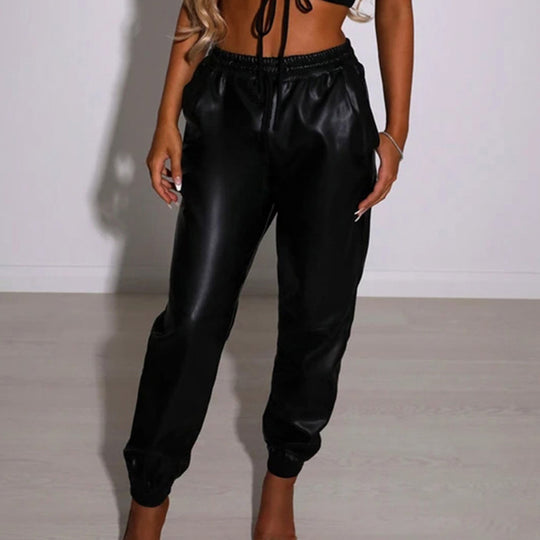 Damen Bequeme Kunstleder Jogginghose EB