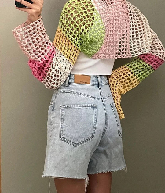 Damen gehäkeltes Langarm-Oberteil mit buntem Netzdesign EB