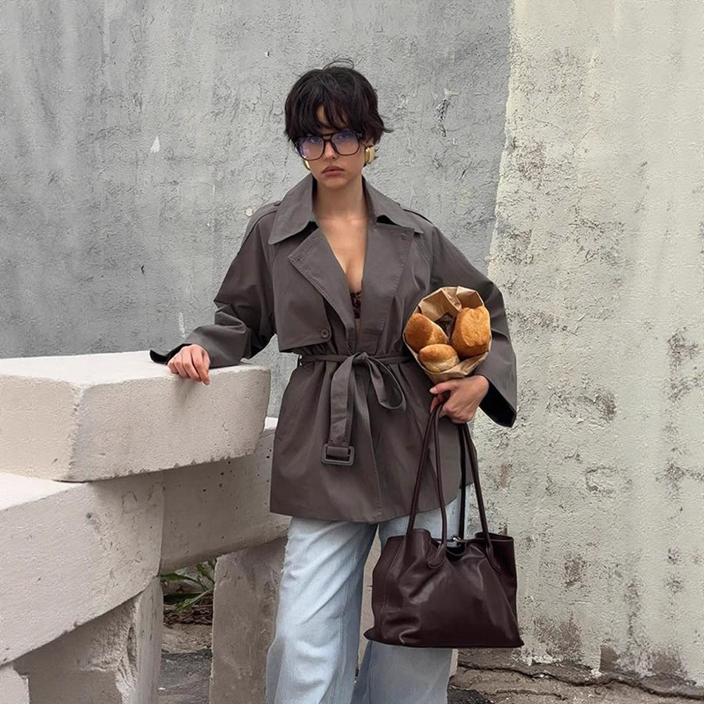 Damen modische Trenchcoat-Jacke mit abnehmbarem Gürtel und oversized Schnitt EB