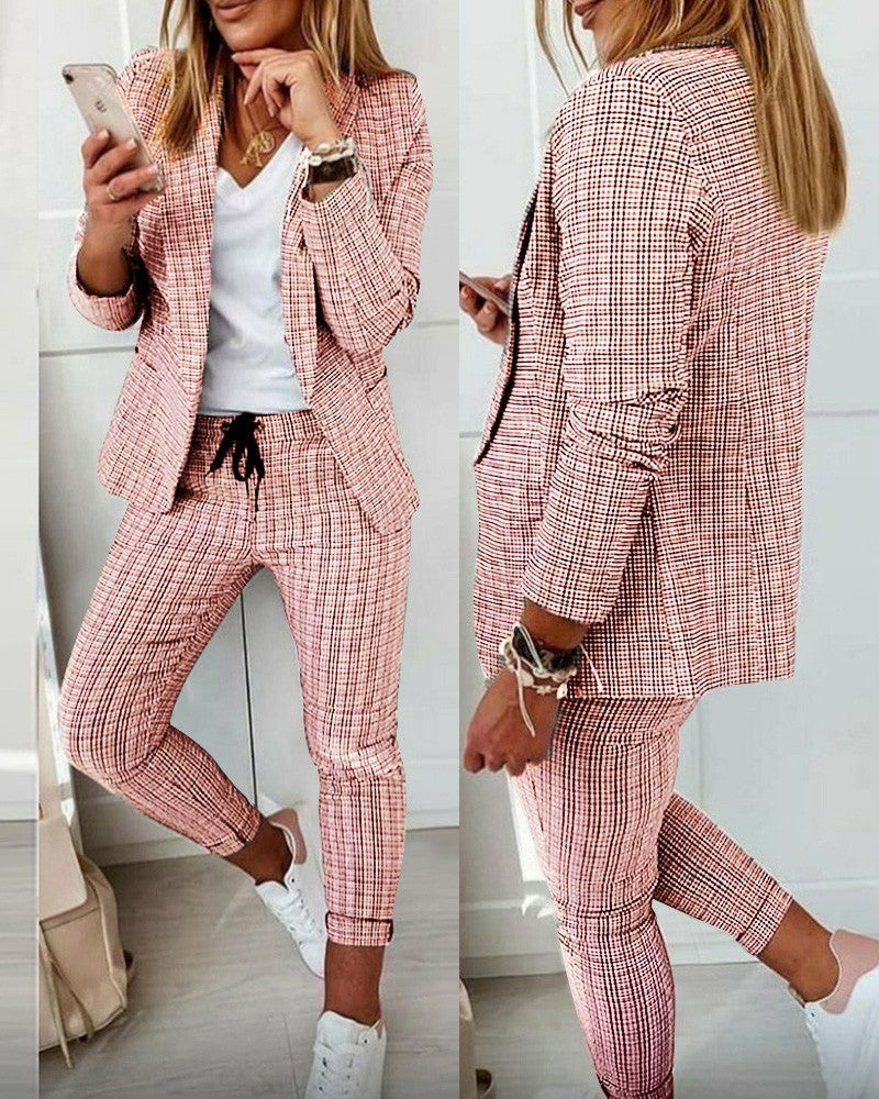 Damen nan lässig-elegantes Karozweiteiler Blazer mit Tunnelzug-Slimhose EB