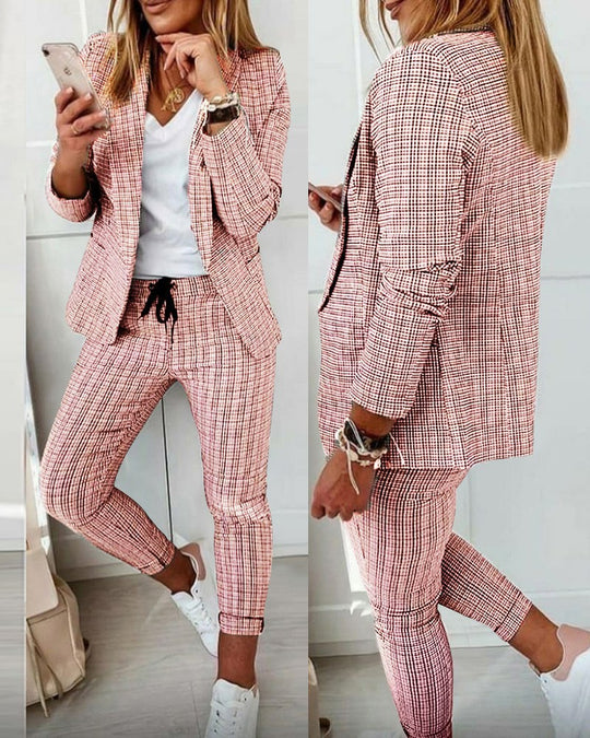 Damen nan lässig-elegantes Karozweiteiler Blazer mit Tunnelzug-Slimhose EB