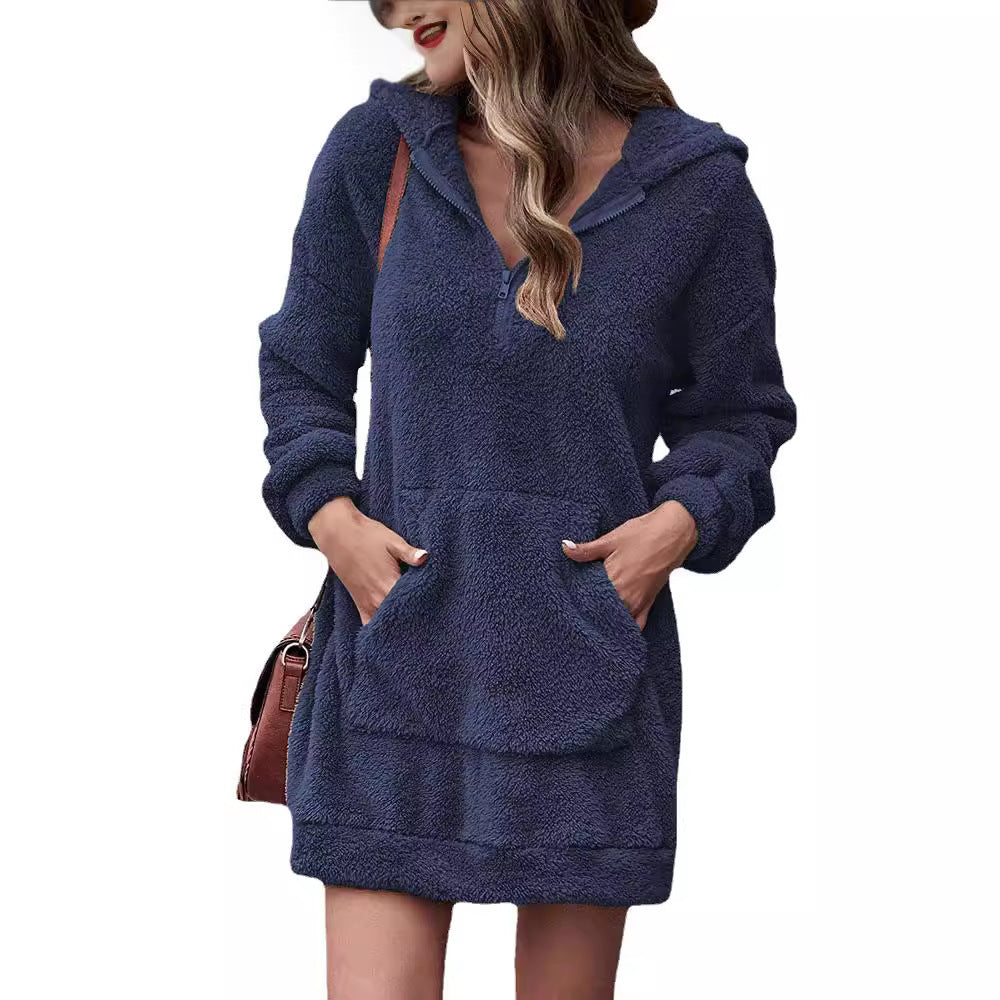 Damen Fleece-Kapuzenkleid mit Taschen und Reißverschluss EB