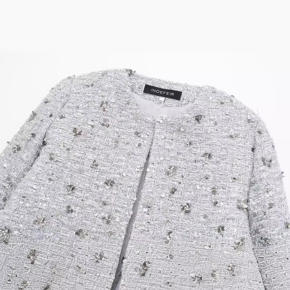 Damen elegante Tweedjacke mit funkelnden Pailletten und strukturiertem Design EB